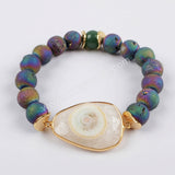 Gold Plated White Solar Quartz Faceted Bracelet Titanium Druzy Stone Beads G1431