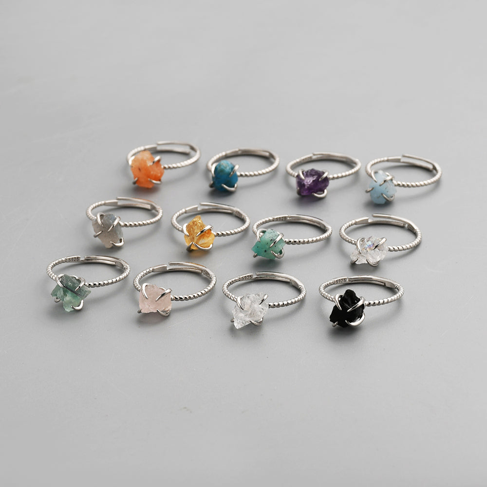 S925 Sterling Silver Claw Rainbow Raw Gemstone Ring, Healing Crystal Stone Ring, Adjustable SS204