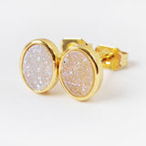 Oval Gold Plated Bezel Rainbow Titanium Natural Agate Druzy Studs Earring ZG0278