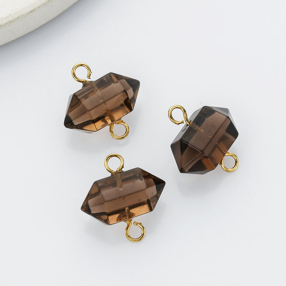 Hexagon Natural Smokey Quartz Terminated Point Connector, Faceted Crystal Stone Charm, For Jewelry Making AL608