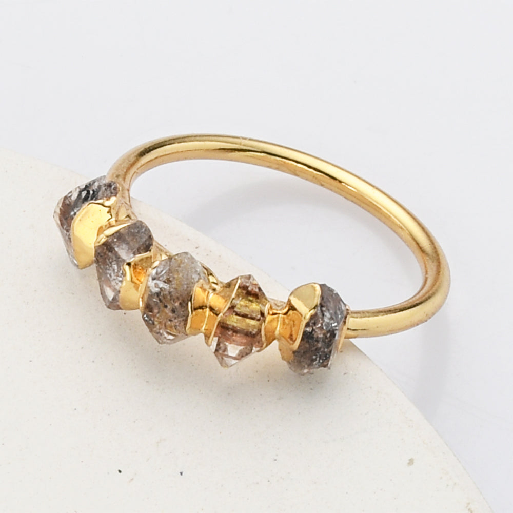 Gold Plated Multi Raw Herkimer Faceted Ring, Healing Crystal Quartz Ring G2098