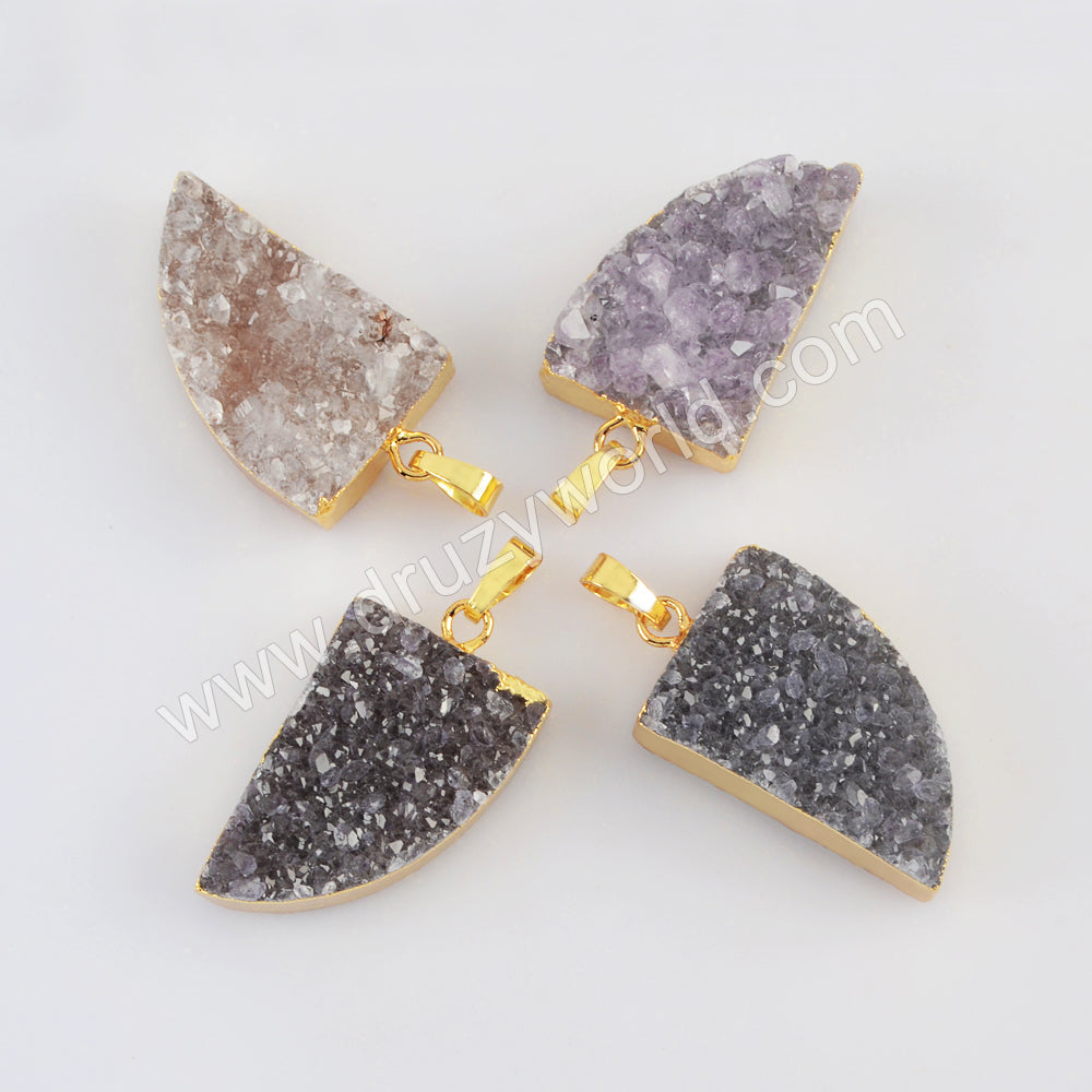 Gold Plated Horn Shape Natural Colors Agate Druzy Pendant G2024