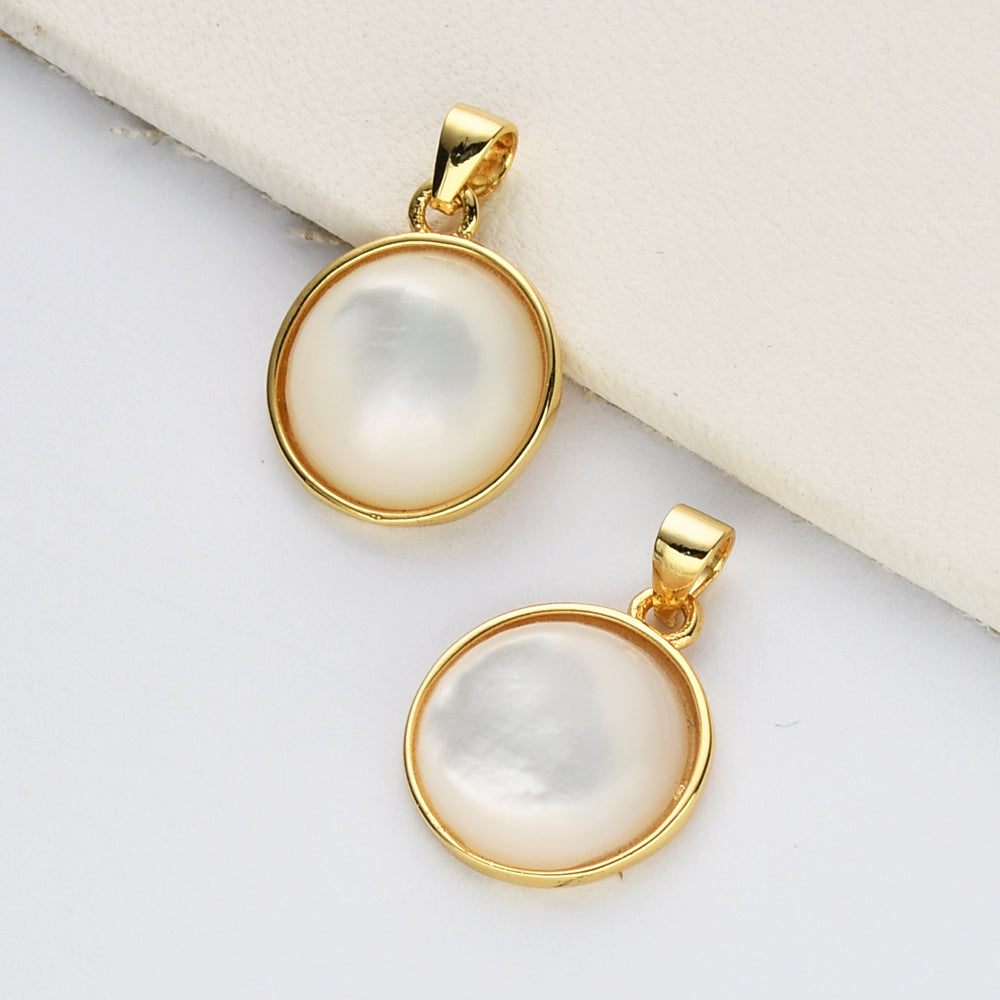 Wholesale Gold Plated Round White Pearl Shell Pendant WX2174