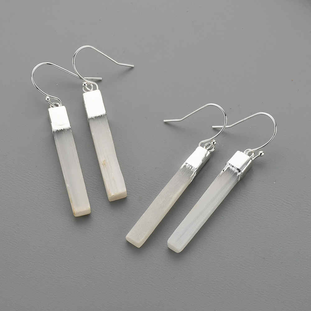 Silver Plated Natural Selenite Stone Earrings White Crystal Earrings Bar Earrings S1703-E