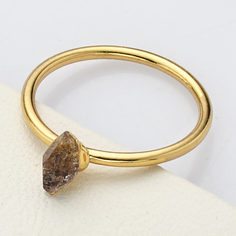 Gold Plated Raw Herkimer Crystal Ring, Healing Gemstone Faceted Quartz Ring G2099