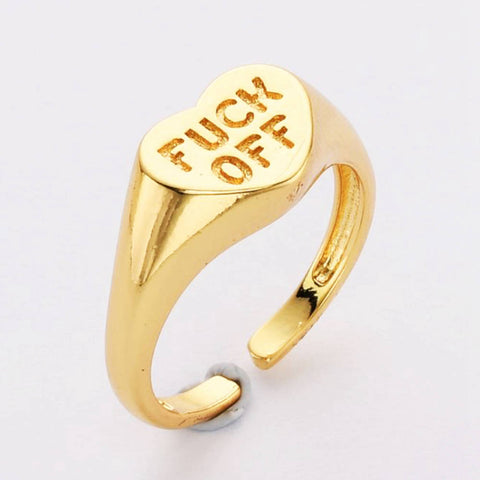 Gold Plated Brass Heart Signet Ring FUCK OFF Letter Ring Open Ring WX2058