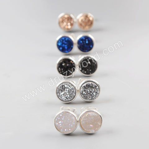 9mm Natural Titanium Druzy Stud Earrings Silver Plated ZS0198