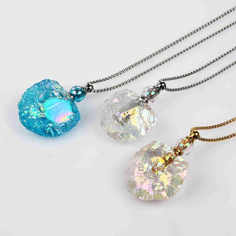 27" Raw Angel Aura Quartz Perfume Bottle Necklace, AB White Aqua Crystals, Half Round Shape, Titanium Natural White Crystal Stone Bottle Necklaces WX2086