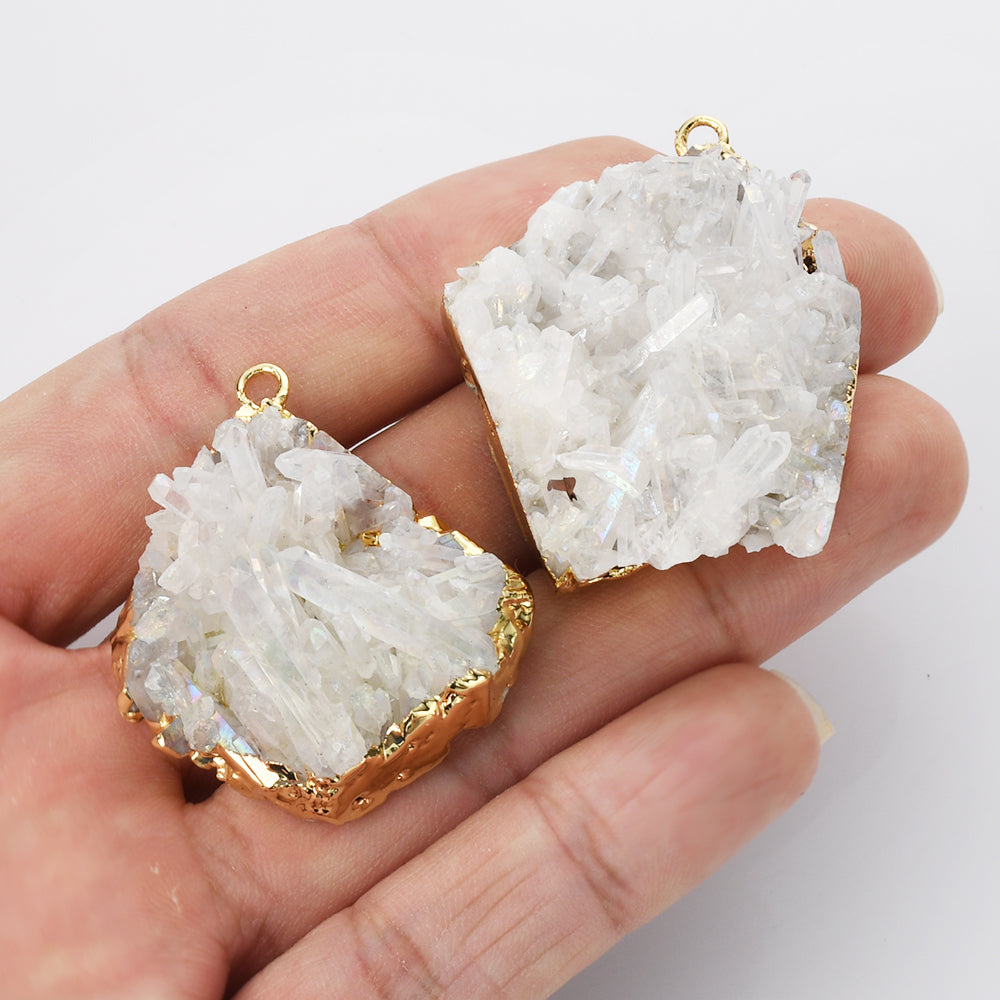 Gold Plated Angel Aura Cluster Crystal Point Charm, AB White Quartz Jewelry Charm Pendant