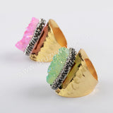 Rhinestone Pave Titanium Pink Druzy Geode Gold Band Ring JAB964