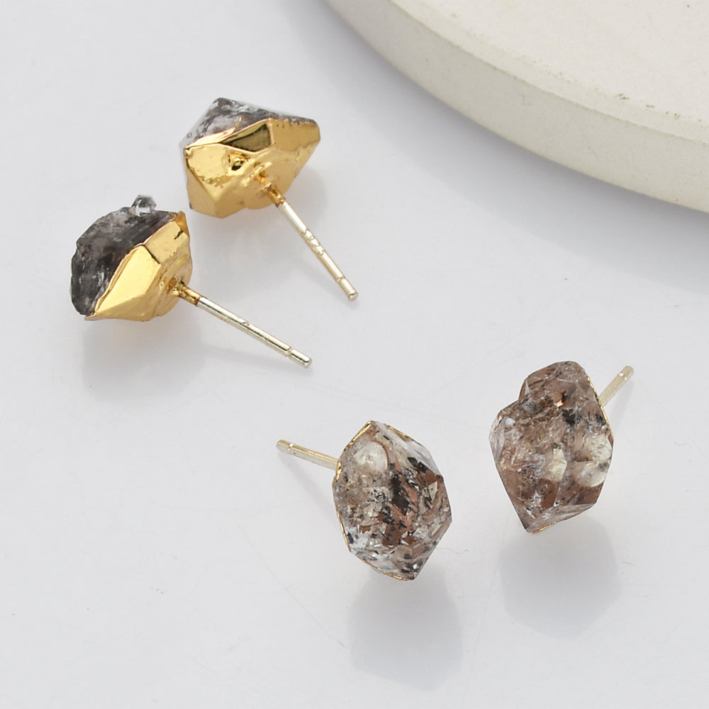 Gold Plated Raw Herkimer Quartz Stud Earrings, Healing Gemstone Faceted Crystal Post Earring Jewelry G2101