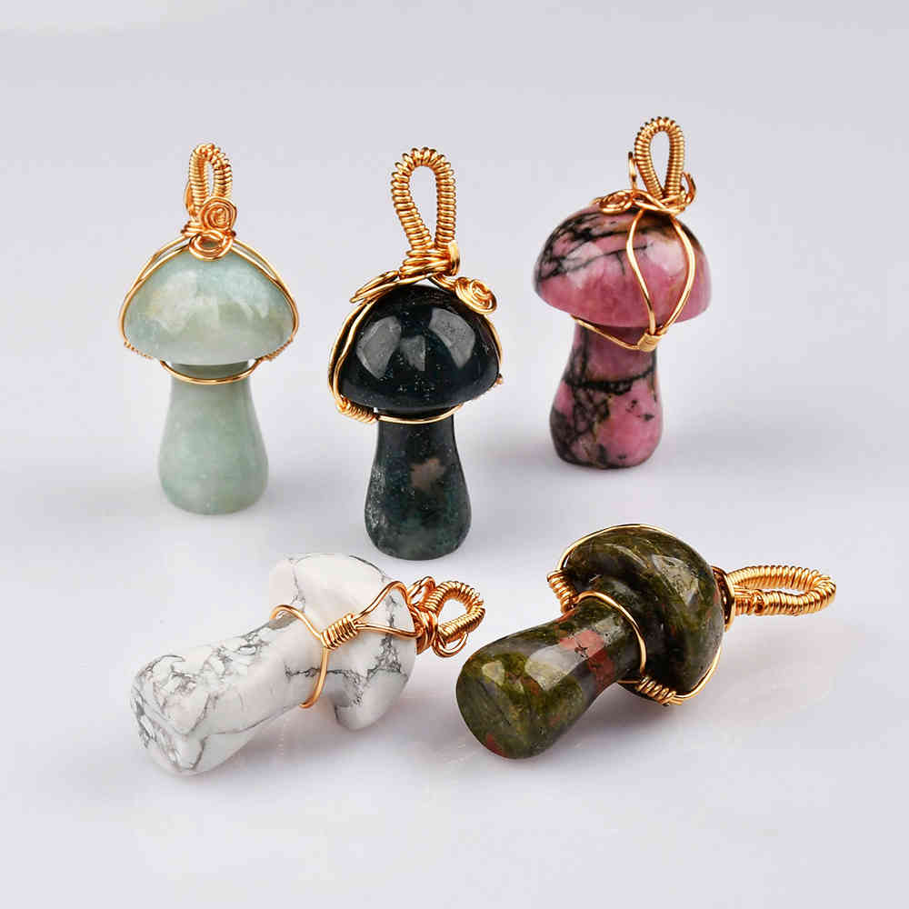 Small Mushroom Crystal Gemstone Pendant Wire Wrap Healing Crystal Stone Jewelry WX2121 