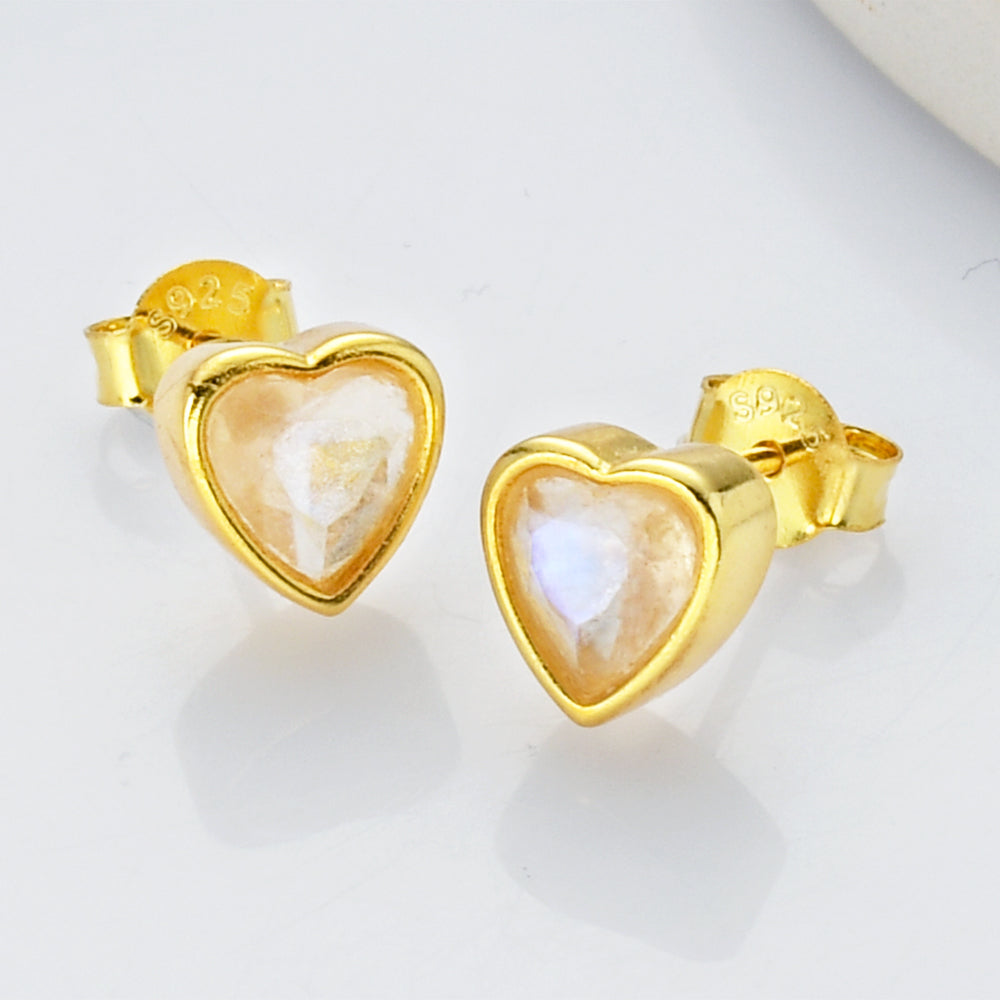 S925 Sterling Silver Heart Moonstone Faceted Stud Earrings LM033