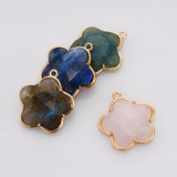 Flower Gold Plated Natural Gemstone Charm, Faceted Rose Quartz Lapis Lazuli Labradorite Pendant, Healing Crystal Stone Charm Making Jewelry WX2144