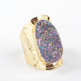 Gold Plated Natural Agate Titanium Rainbow Druzy Band Ring AB White Drusy Cuff Jewelry G0890