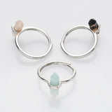 Silver Hexagon Point Multi-kind Stone Ring, Adjustable, Gemstone Ring Jewelry WX2207