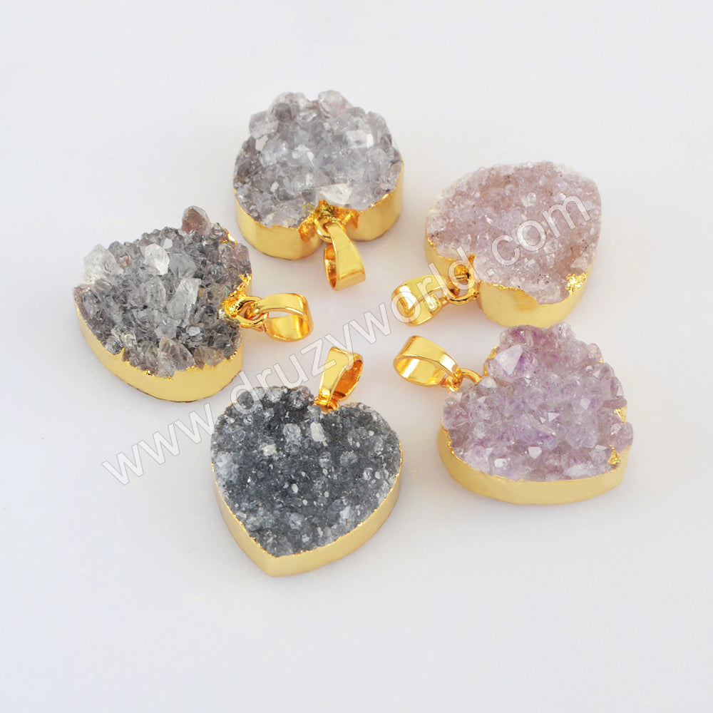 Gold Plated Heart Natural Colors Agate Druzy Pendant G2019