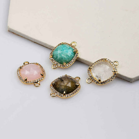 Square Gold Plated Claw Gemstone Faceted CZ Micro Pave Connector briolette crystal stone charms WX2092