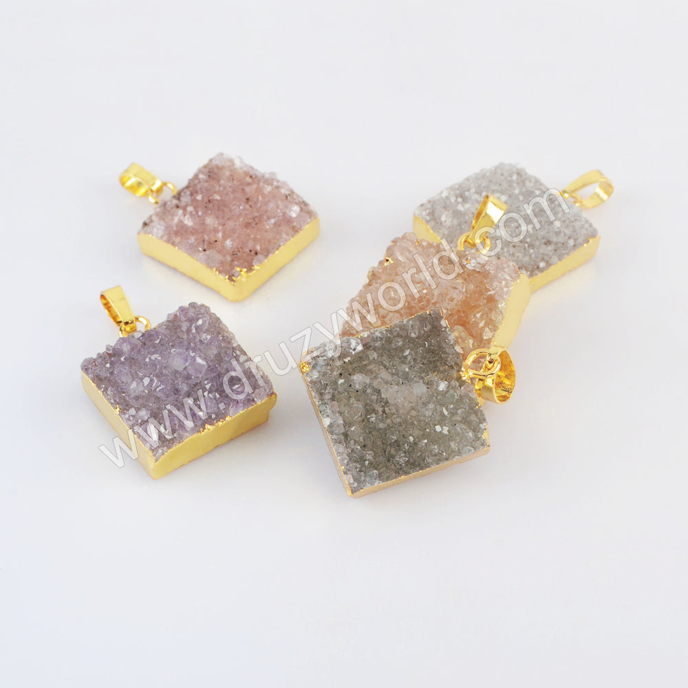 Gold Plated Square Natural Colors Agate Druzy Pendant, Drusy Crystal Pendant G2022