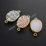 Gold Plated Oval Natural Agate Titanium Rainbow Druzy Connector G1073