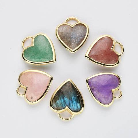 Gold Plated Heart Multi Natural Gemstone Pendants, Faceted Crystal Quartz Pendant WX2179