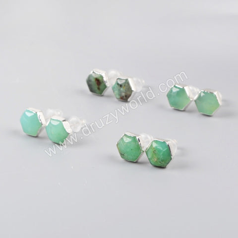 S925 Sterling Silver Hexagon Natural Australia Jade Stud Earrings SS050