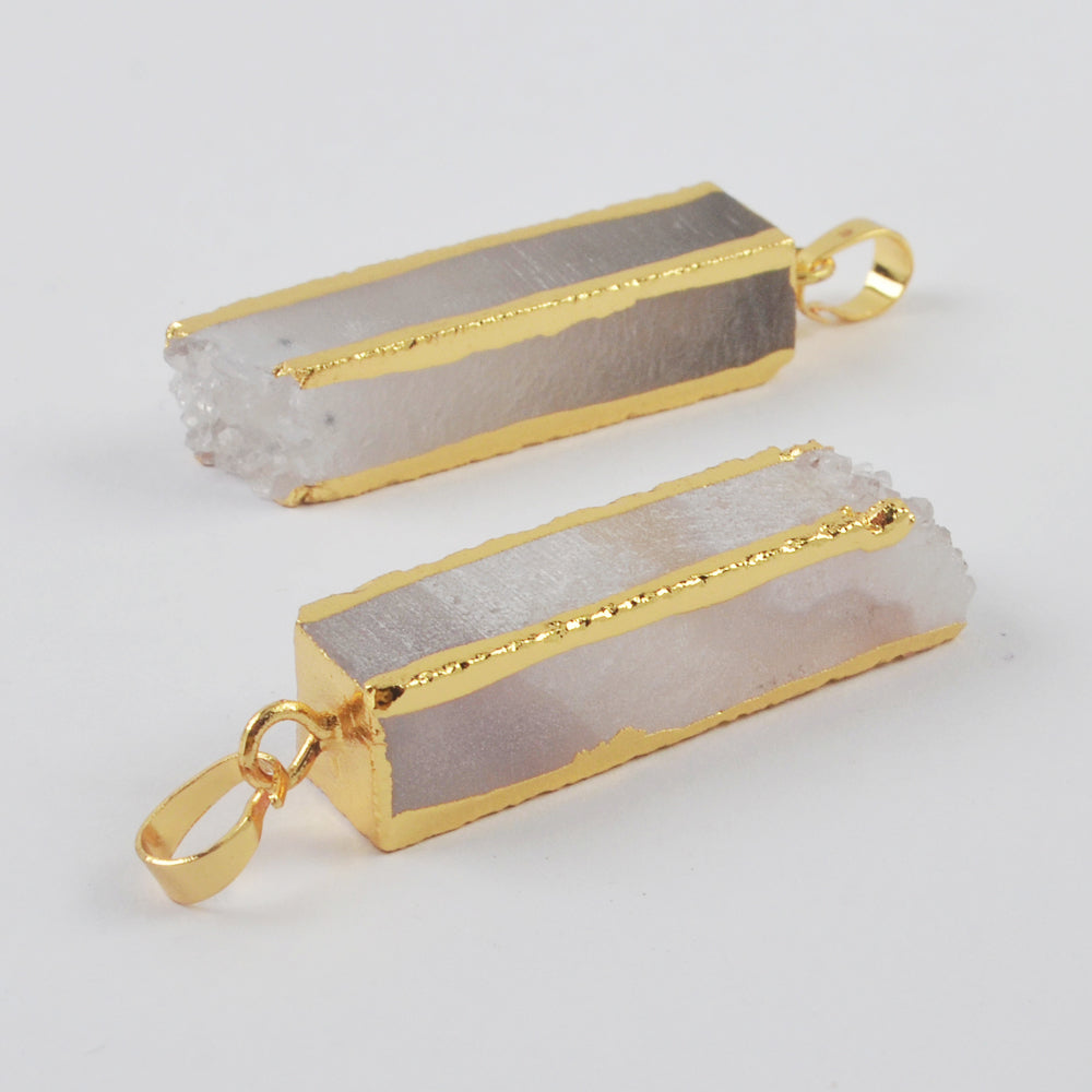 Gold Plated Rectangle Natural Agate Druzy Bar Pendant G1999