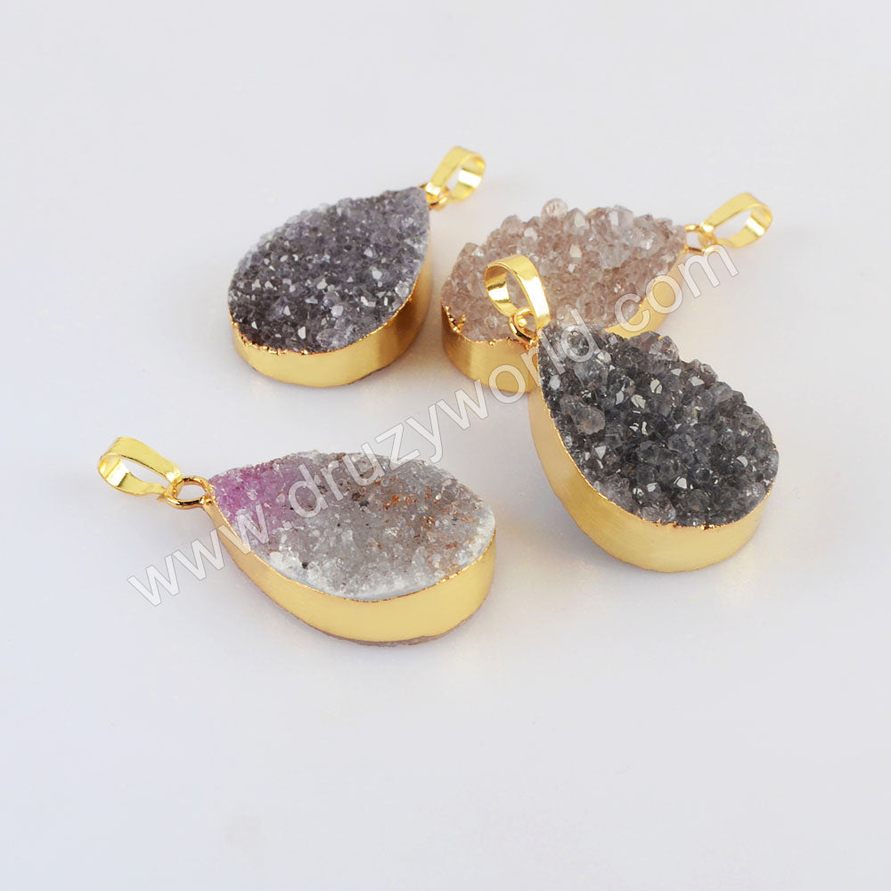 Gold Plated Teardrop Natural Colors Agate Druzy Pendant, Crystal Drop Pendant G2021