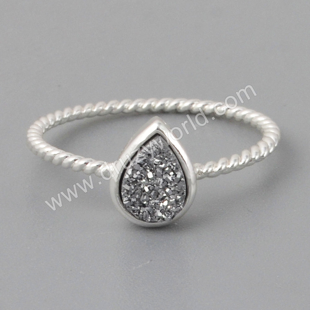 Teardrop  Silver Plated Bezel Natural Titanium Agate Druzy Bezel Ring ZS0288