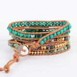 Gold Oval Amazonite 4mm Stone Beads Layers Leather Wrap Bracelet, Handmade Boho Jewelry HD0067