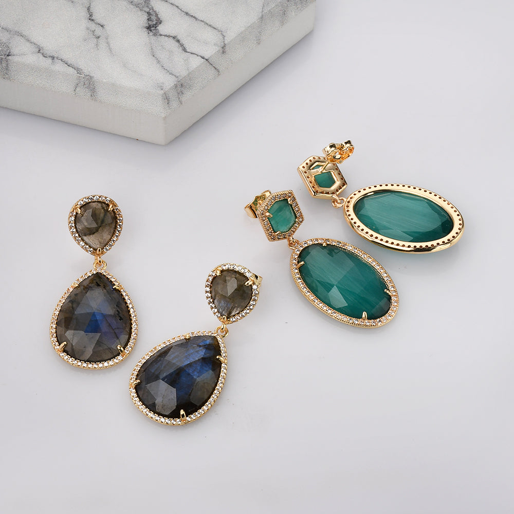 Oval & Teardrop Gold Plated Natrual Gemstone Earrings, Micro Pave Dangle Earrings, Faceted Crystal Stone, Labradoirte Green Agate Earrigns Jewelry WX2150