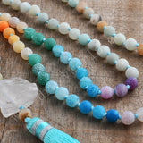 32" Raw Crystal Blue Tassel 8mm Rainbow Stone Beads Long Necklace, Mala Prayer Balance Meditation Reiki Spiritual Jewelry HD0309