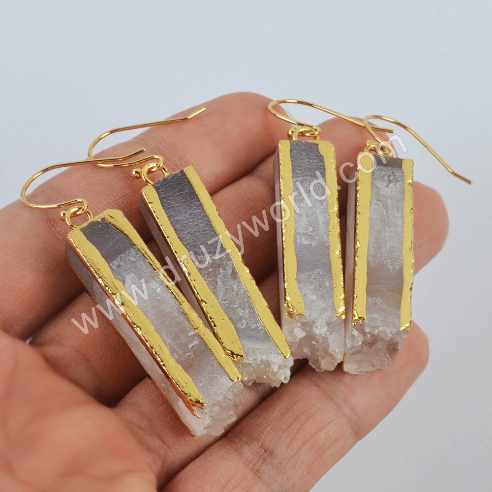 Gold Plated Rectangle Natural Agate Druzy Bar Dangle Earrings G1999-E