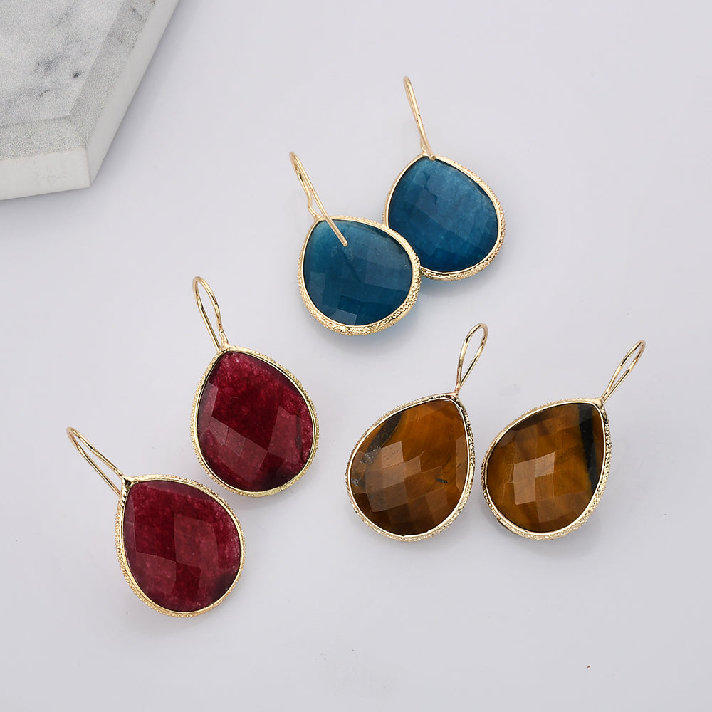 Teardrop Gold Plated Rainbow Natural Gemstone Earrings, Faceted Rose Quartz Amazonite Labradorite Lapis Amethyst Earrings, Healing Crystal Stone Jewelry WX2148