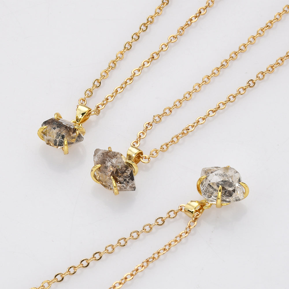 16" Gold Plated Claw Raw Herkimer Quartz Pendnt Necklace, Faceted Gemstone Crystal Necklace Jewelry ZG0499