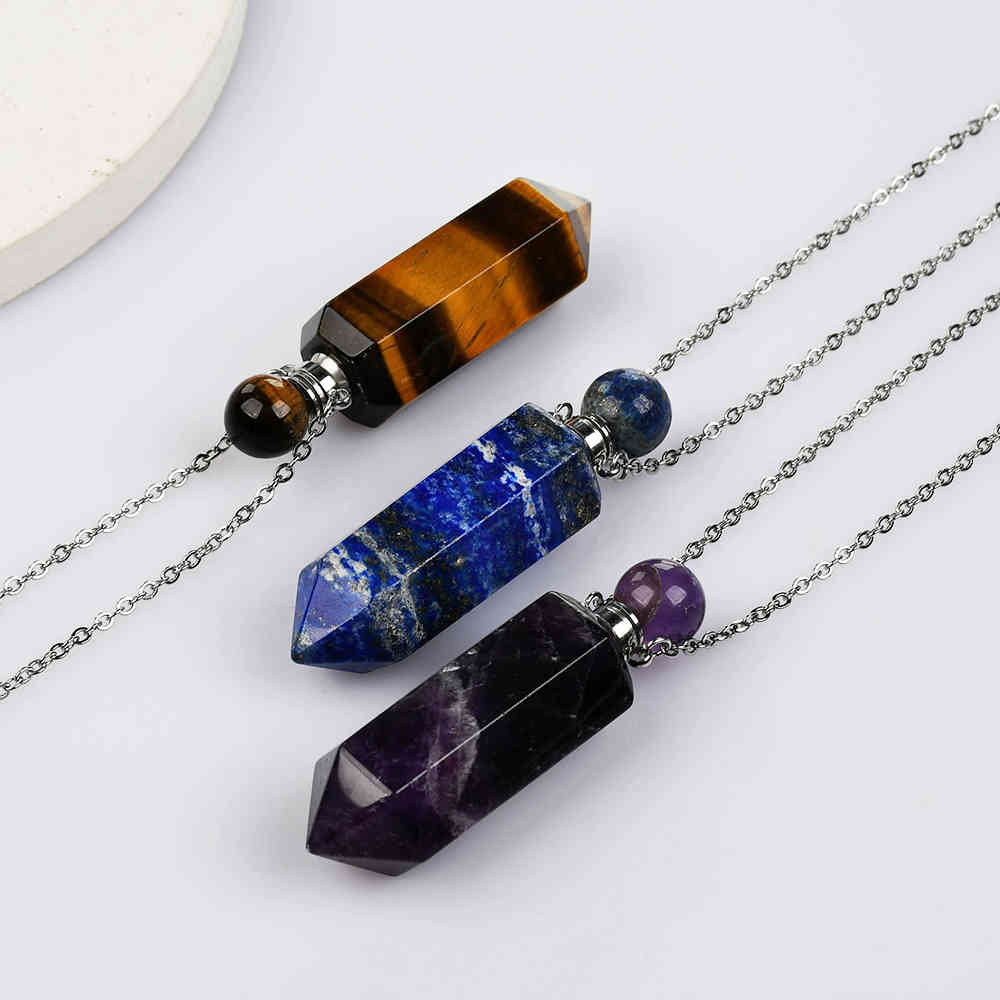 19" Hexagon Point Silver Multi-kind Stone Perfume Bottle Necklace Gemstone bottle necklace WX2091
