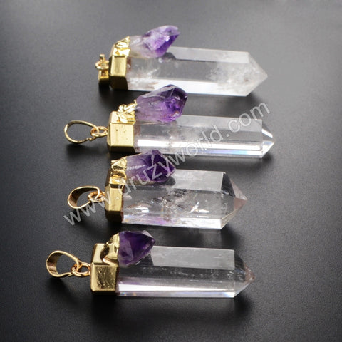 Gold Plated Cluster Aura Druzy Quartz Crystal Point & Natural Amethyst Druzy Pendant WX009