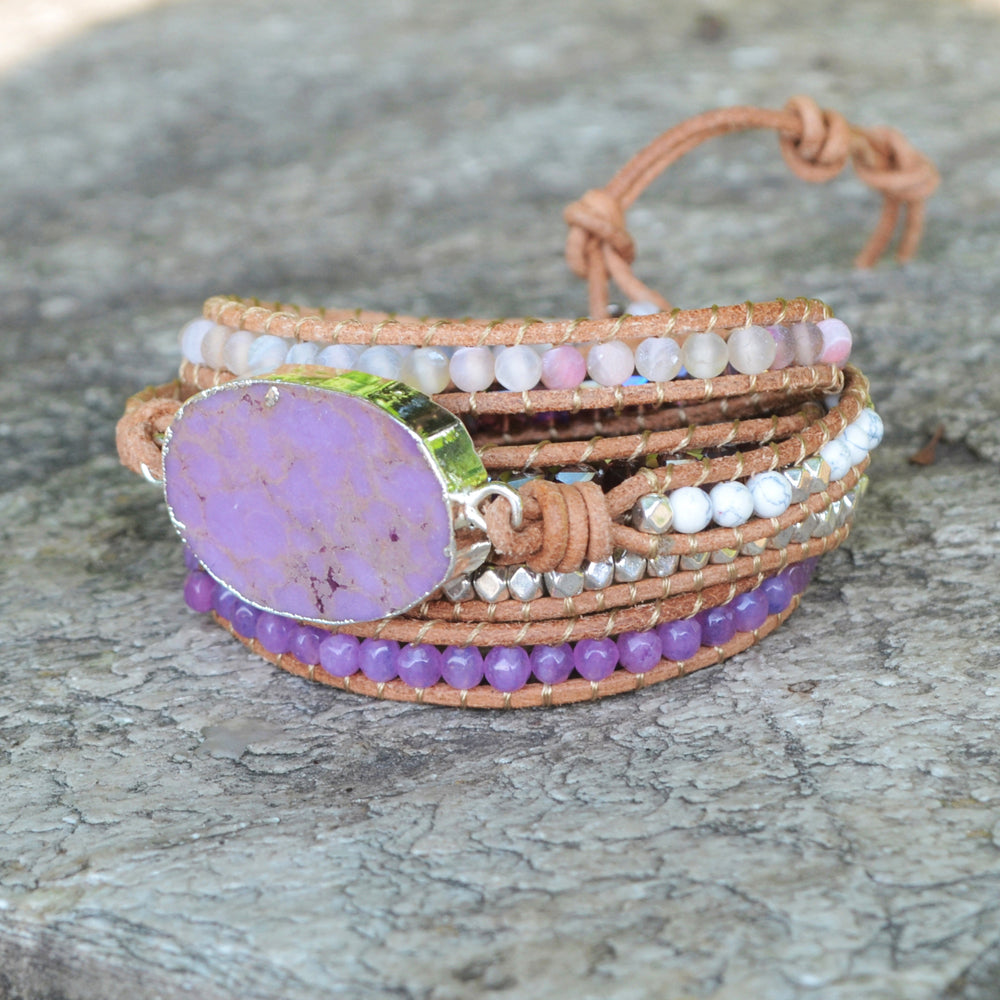 Silver Purple Sugilite Stone Leather Layers Bracelet, Purple Rainbow Gemstone Beads, Meditation Protection Inspiring Jewelry HD0068