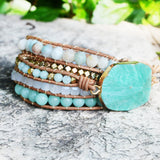 Gold Faceted Amazonite 4mm Multi Stone Beads Layers Leather Wrap Bracelet, Boho Handmade Jewelry HD0078