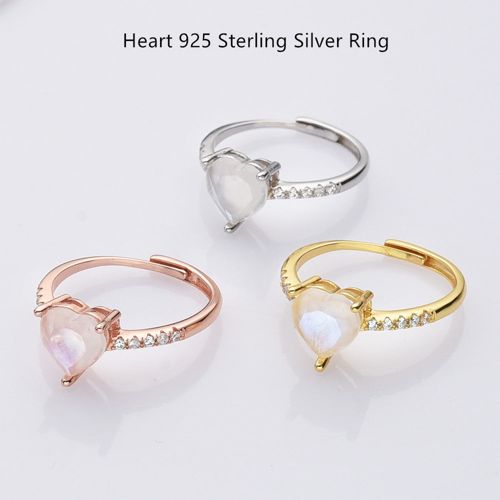 925 Sterling Silver Natural Moonstone Heart Ring, Adjustable Size, Zircon Ring, Faceted Gemstone Ring, Wholesale Crystal Jewlery LM015