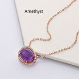 15" Rose Gold Plated Amethyst Moonstone Crystal Faceted Necklace CZ Micro Pave, 925 Sterling Silver Prong Jewelry For Women SS228NR