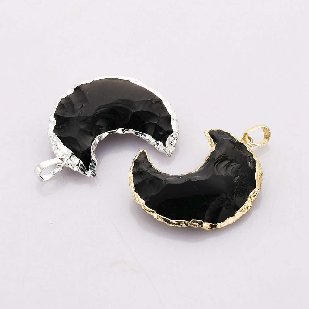 WX2067 Gold / Silver Plated Moon Shape Natural Black Obsidian Pendant Rough Gemstone Crescent Moon Pendant