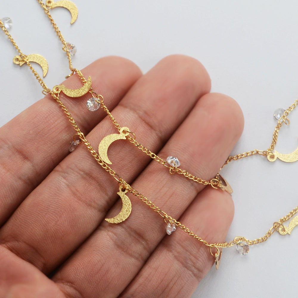 16 Feet Gold Plated Brass CZ Moon Chain, Zircon Crescent Chain, For Necklace Bracelet Jewelry Making, Wholesale Supply PJ498