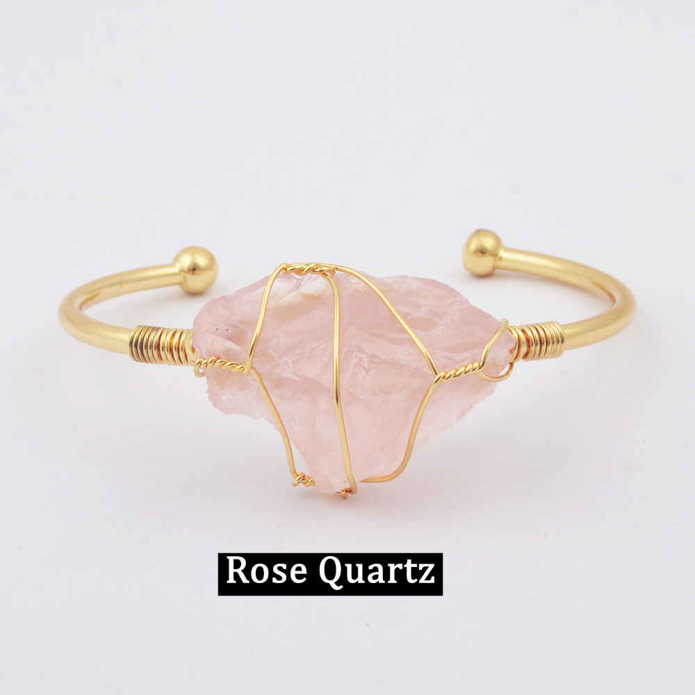 Natural Gemstone Rose Quartz Amethyst Wire Wrap Gold Bangle Cuff WX1795