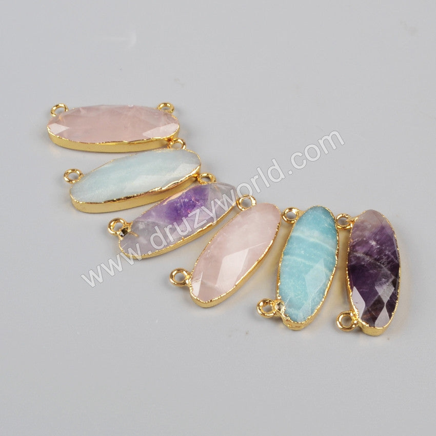 Gold Plated Long Oval Amethyst Rose Quartz Amazonite Faceted Connector G0943