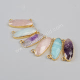 Gold Plated Long Oval Amethyst Rose Quartz Amazonite Faceted Connector G0943