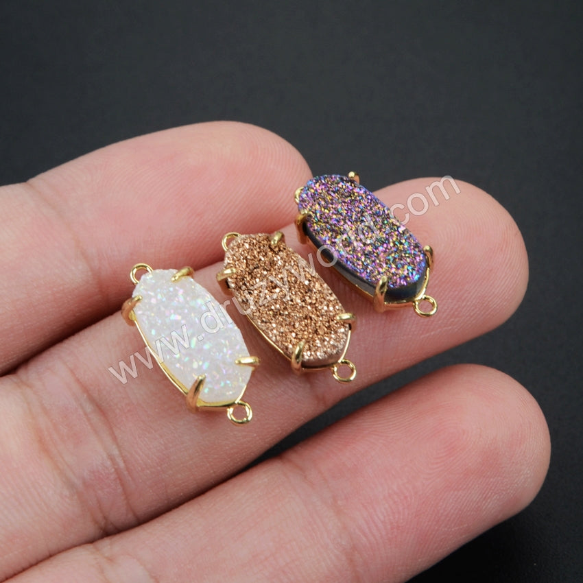 Hexagon Gold Plated Claw Natural Agate Titanium Druzy Connector, For Jewelry Making ZG0135