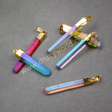 Gold Plated Raw Blue/Green Aura Quartz Titanium Crystal Point Pendant Bead G0360