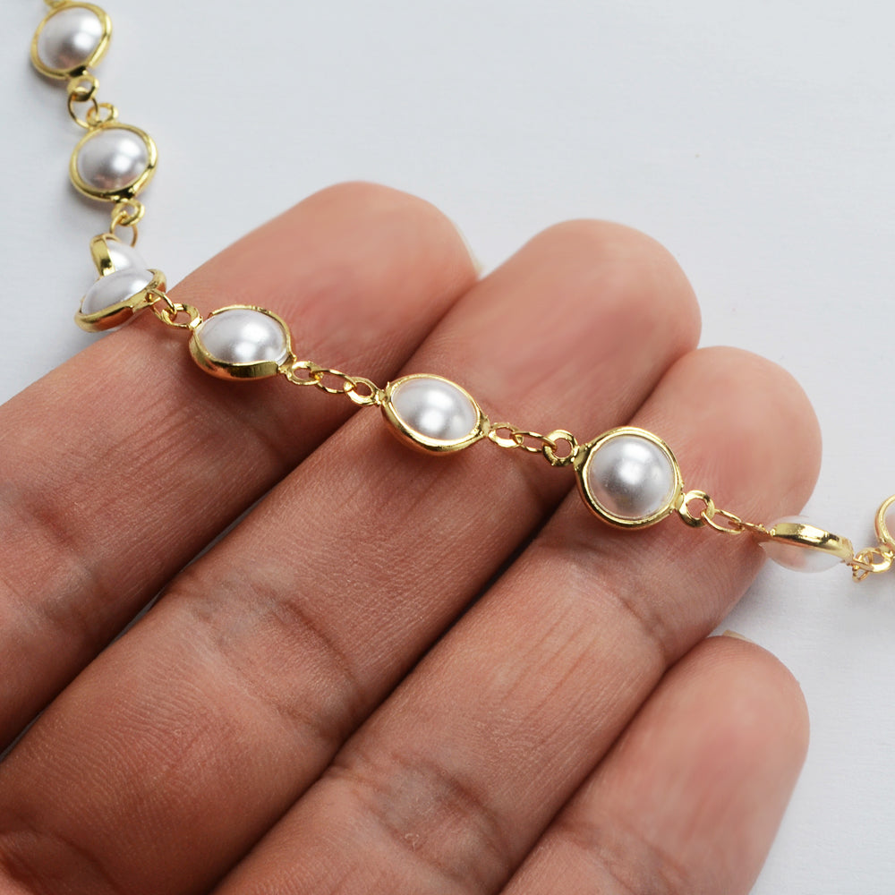16 Feet Gold Plated Brass Round Pearl Chain, Pearl Bead Chain, For Necklace Bracelet Jewelry Making, Wholesale Supply PJ492