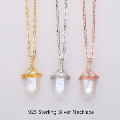 18" of 925 Sterling Silver Hexagon Natural Moonstone Faceted Necklace, CZ Micro Pave Neckalce SS237